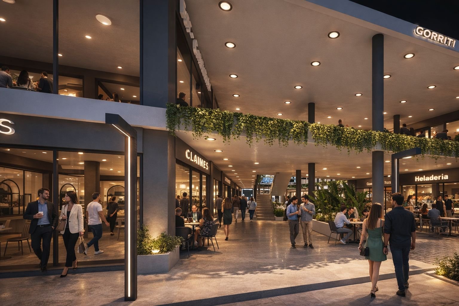 Paseo interior con balconeo y locales iluminados