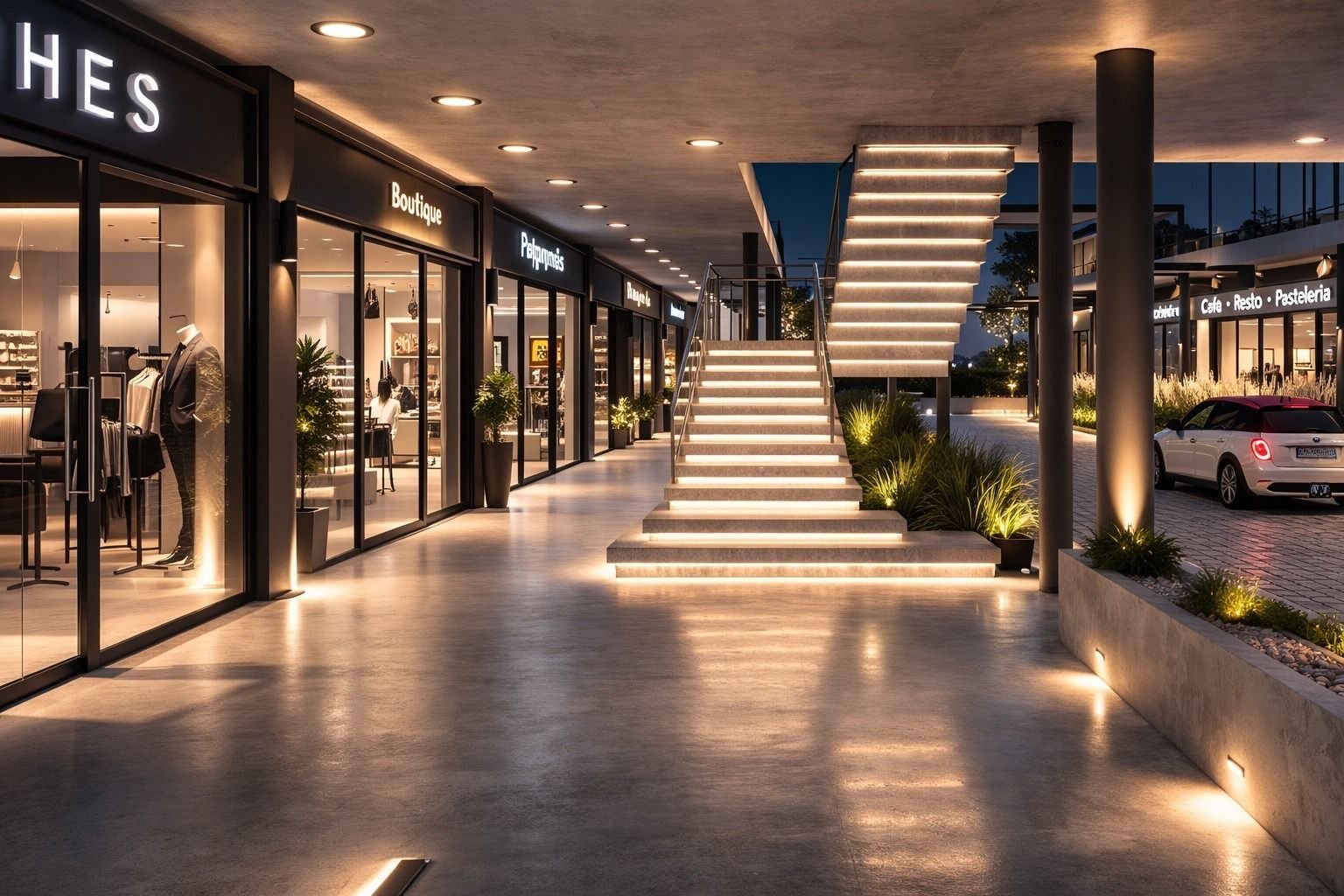 Escalera iluminada del acceso, de noche