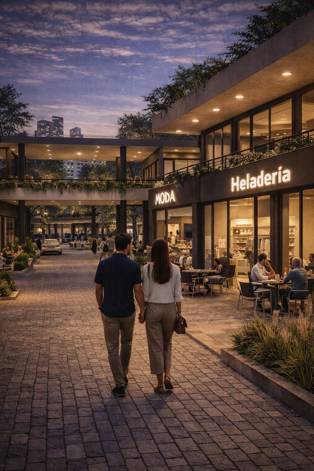 Paseo de Gorriti Plaza al atardecer con locales iluminados