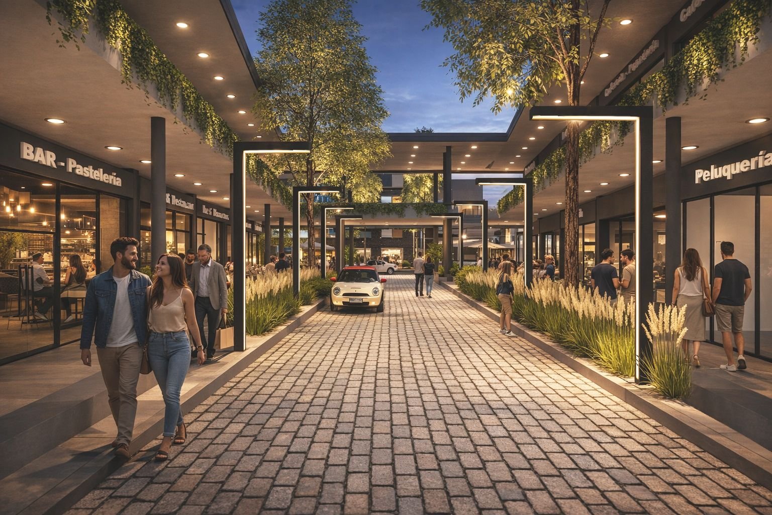 Paseo peatonal de noche con tótems iluminados